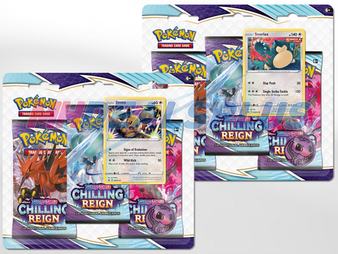 Pokemon TCG Chilling Reign 3-Pack Blister w/ Eevee & Snorlax - Set of 2